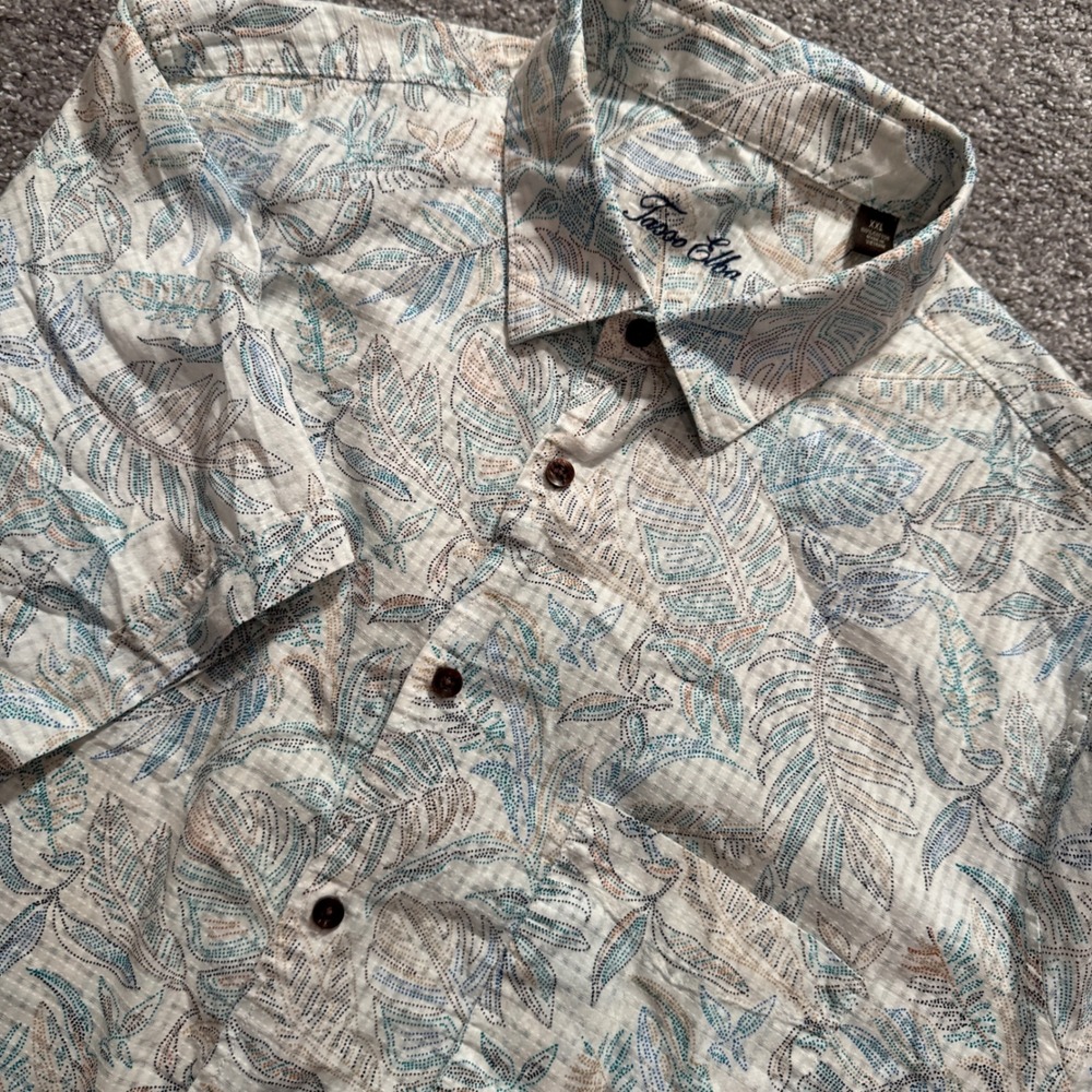 Tasso Elba Shirt Mens XXL Blue Leaf Tropical Print Cotton Coastal Beach Vacation